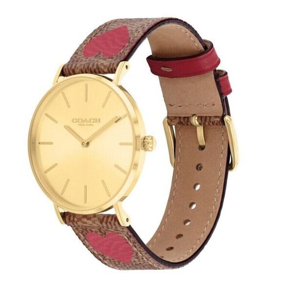 Coach NWT Women's Perry Brown Leather Heart Strap Watch - Picture 1 of 8